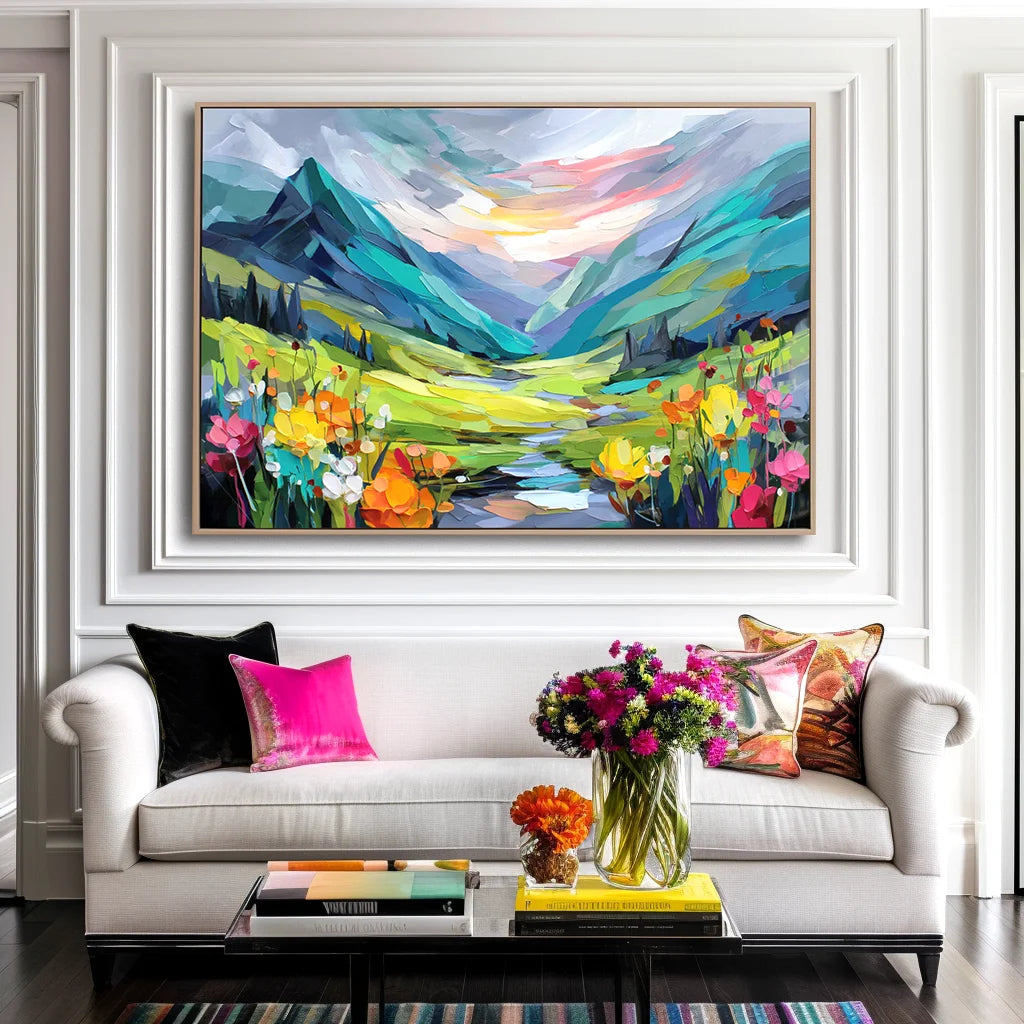Multicolor Radiant Valley Colorful Textured Mountain Landscape Painting, Hand-Painted Canvas Wall Art For Living Room - Artwallpainting