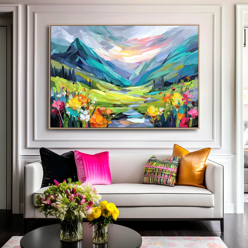 Multicolor Radiant Valley Colorful Textured Mountain Landscape Painting, Hand-Painted Canvas Wall Art For Living Room - Artwallpainting
