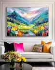 Multicolor Radiant Valley Colorful Textured Mountain Landscape Painting, Hand-Painted Canvas Wall Art For Living Room - Artwallpainting