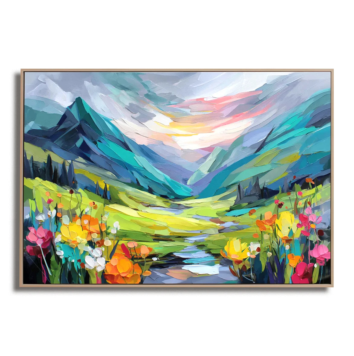 Multicolor Radiant Valley Colorful Textured Mountain Landscape Painting, Hand-Painted Canvas Wall Art For Living Room - Artwallpainting