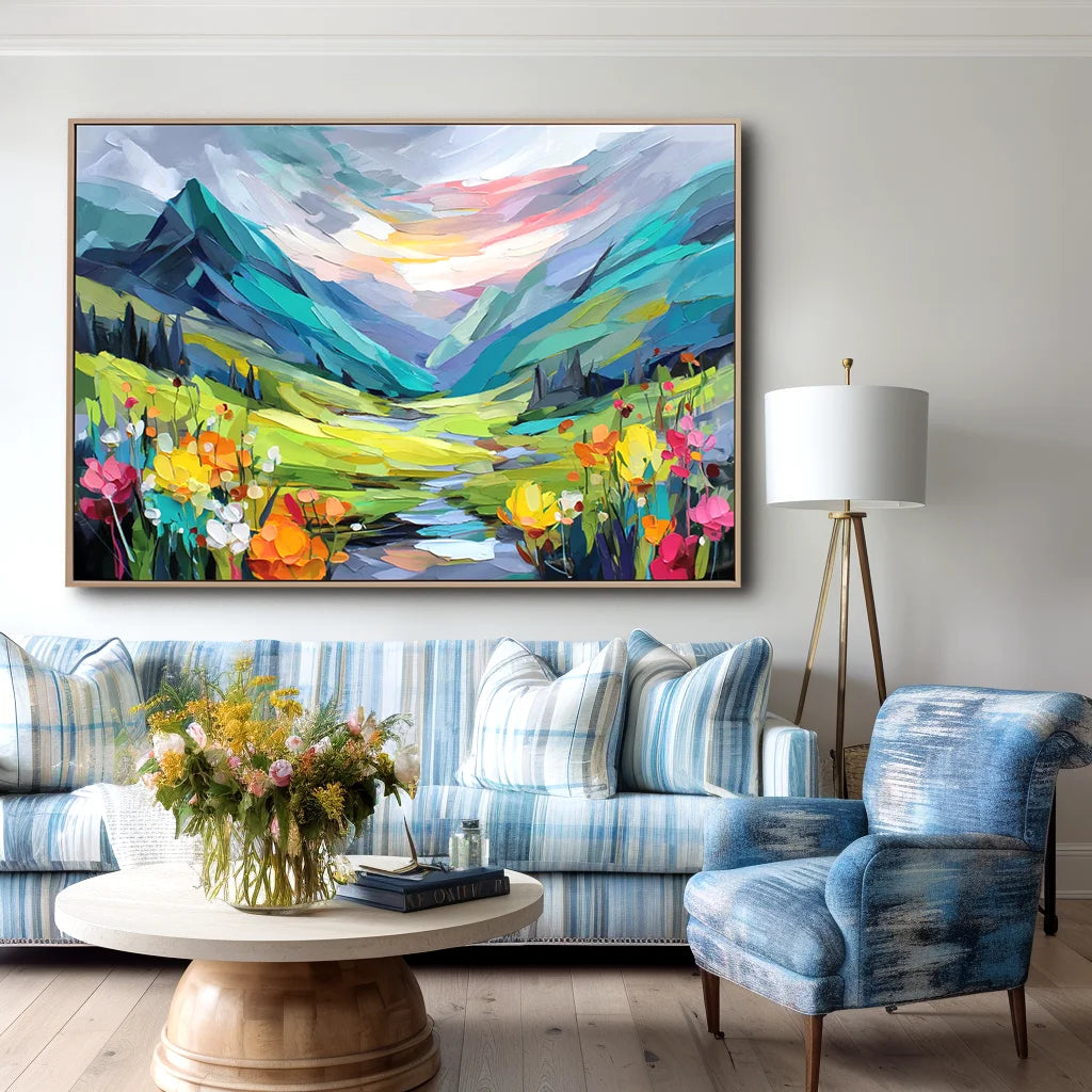 Multicolor Radiant Valley Colorful Textured Mountain Landscape Painting, Hand-Painted Canvas Wall Art For Living Room - Artwallpainting
