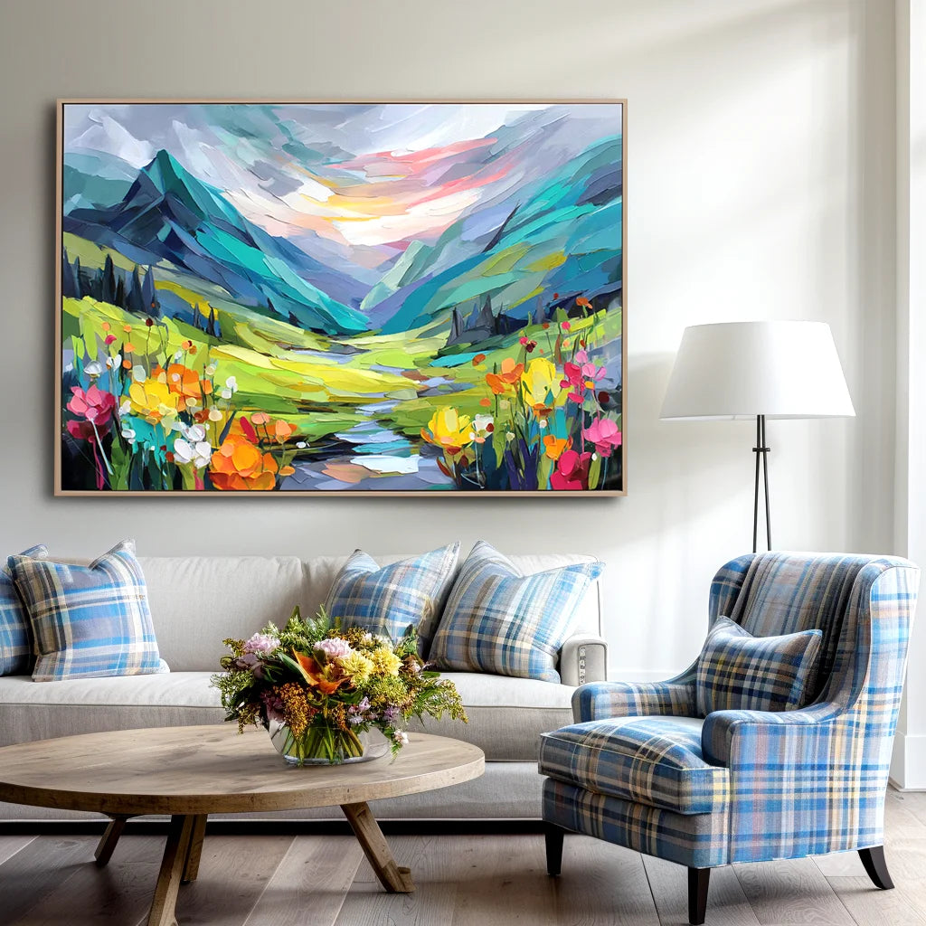 Multicolor Radiant Valley Colorful Textured Mountain Landscape Painting, Hand-Painted Canvas Wall Art For Living Room - Artwallpainting