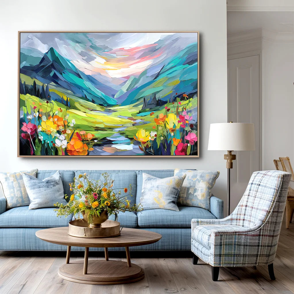 Multicolor Radiant Valley Colorful Textured Mountain Landscape Painting, Hand-Painted Canvas Wall Art For Living Room - Artwallpainting