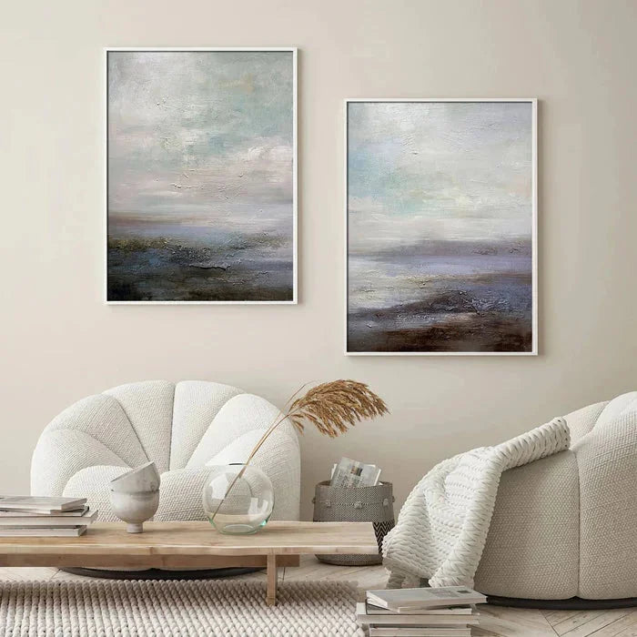 Multicolor Serene Abstract Landscape Canvas Art - Ocean And Sky Painting Set Of 2 - Artwallpainting