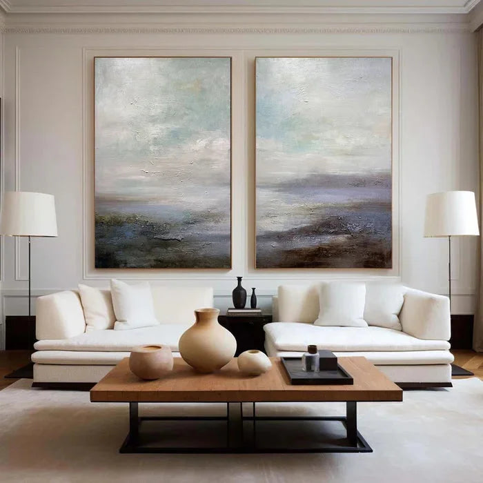 Multicolor Serene Abstract Landscape Canvas Art - Ocean And Sky Painting Set Of 2 - Artwallpainting