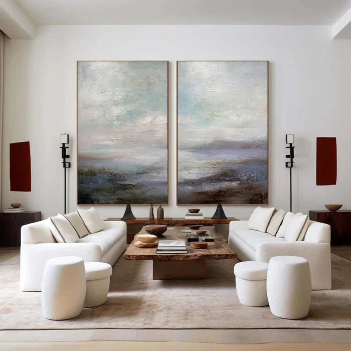 Multicolor Serene Abstract Landscape Canvas Art - Ocean And Sky Painting Set Of 2 - Artwallpainting