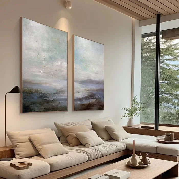Multicolor Serene Abstract Landscape Canvas Art - Ocean And Sky Painting Set Of 2 - Artwallpainting