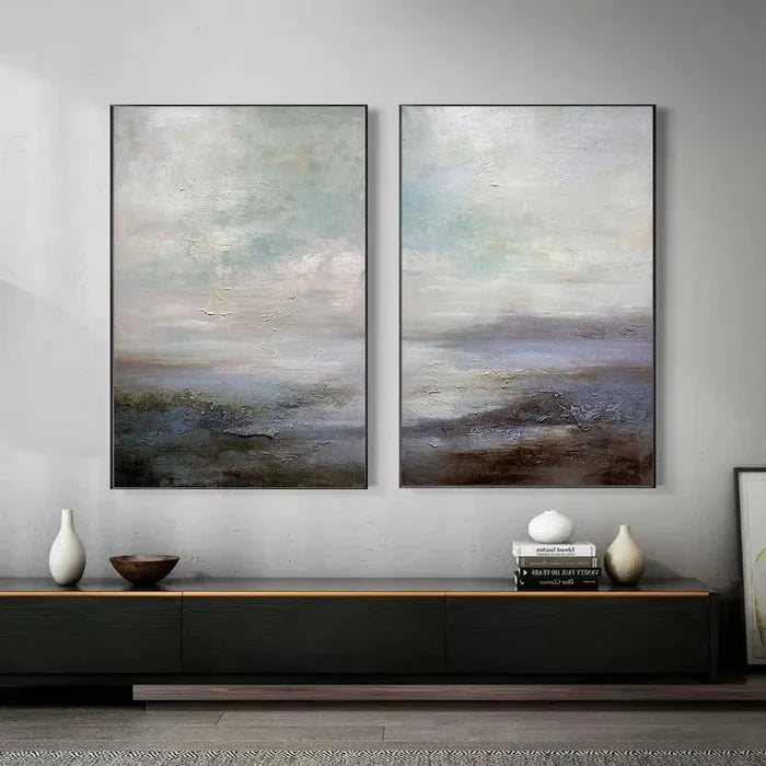 Multicolor Serene Abstract Landscape Canvas Art - Ocean And Sky Painting Set Of 2 - Artwallpainting