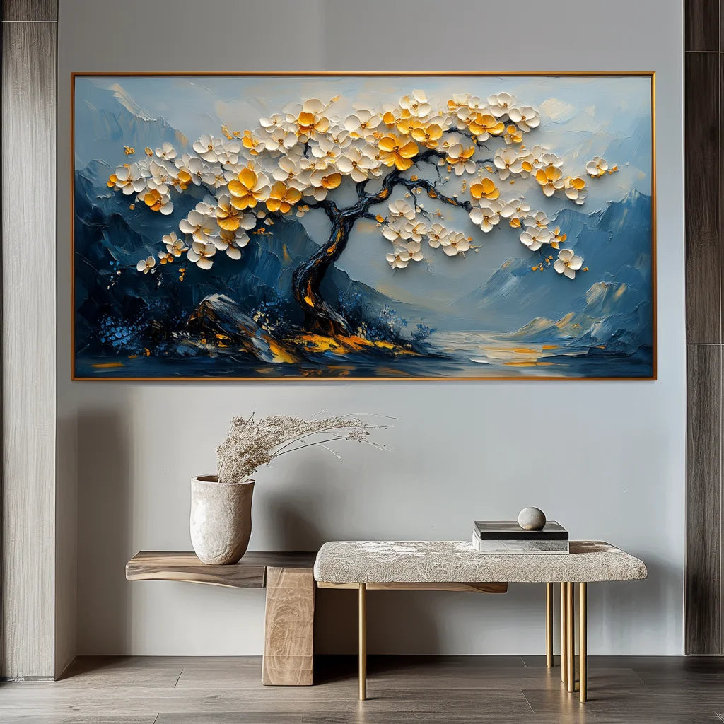 Multicolor Serene Blossom-Hand-Painted Texture Floral Tree Wall Art - Artwallpainting