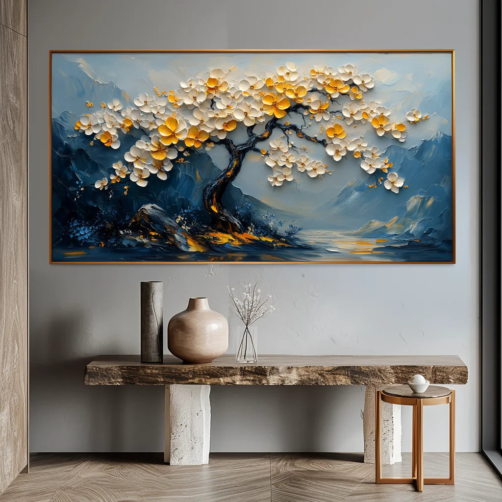 Multicolor Serene Blossom-Hand-Painted Texture Floral Tree Wall Art - Artwallpainting