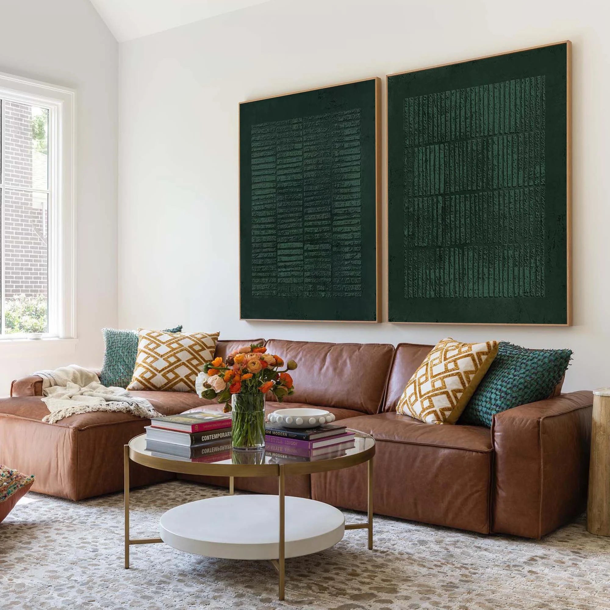 Multicolor Set Of Two Green Textured Canvas Artworks - Modern Minimalist - Artwallpainting
