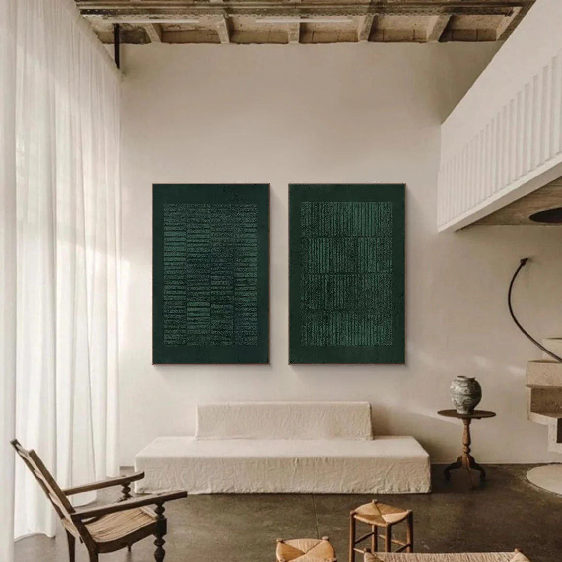 Multicolor Set Of Two Green Textured Canvas Artworks - Modern Minimalist - Artwallpainting