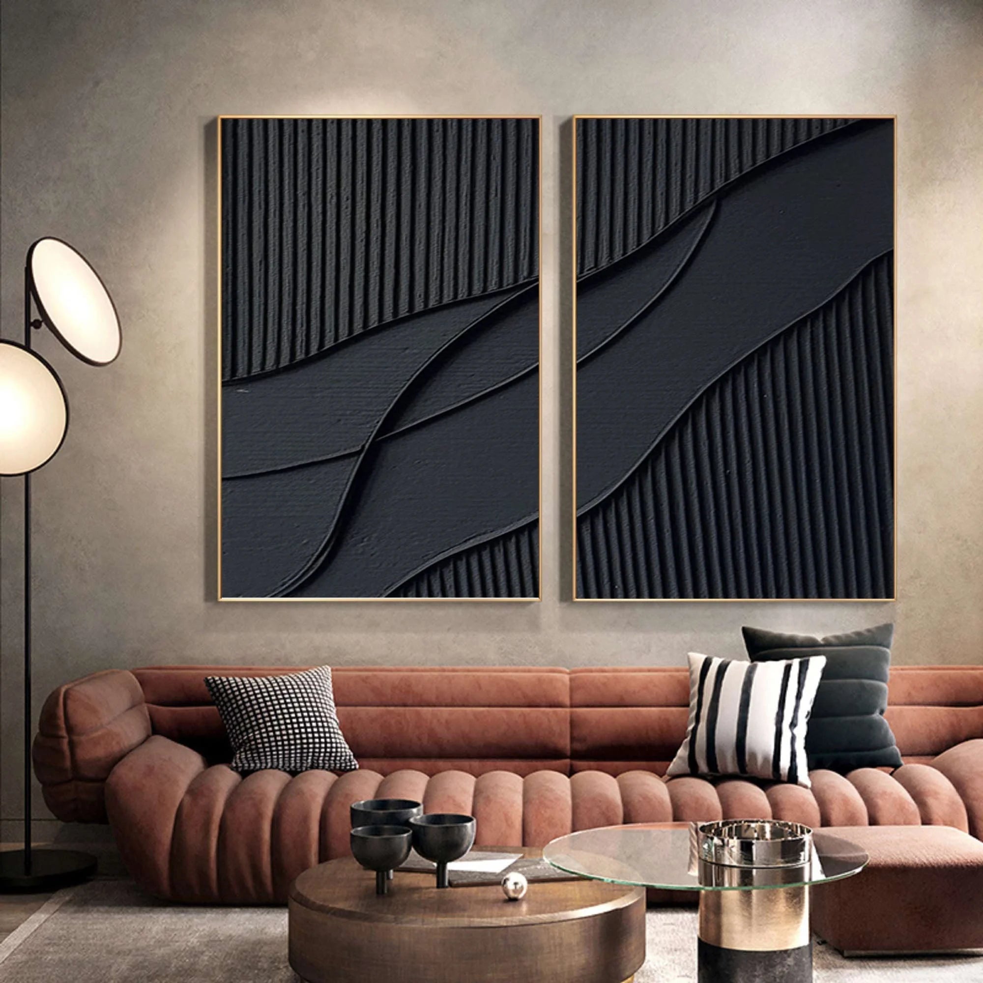 Multicolor Shadow Waves Abstract Painting Set Of 2 - Artwallpainting