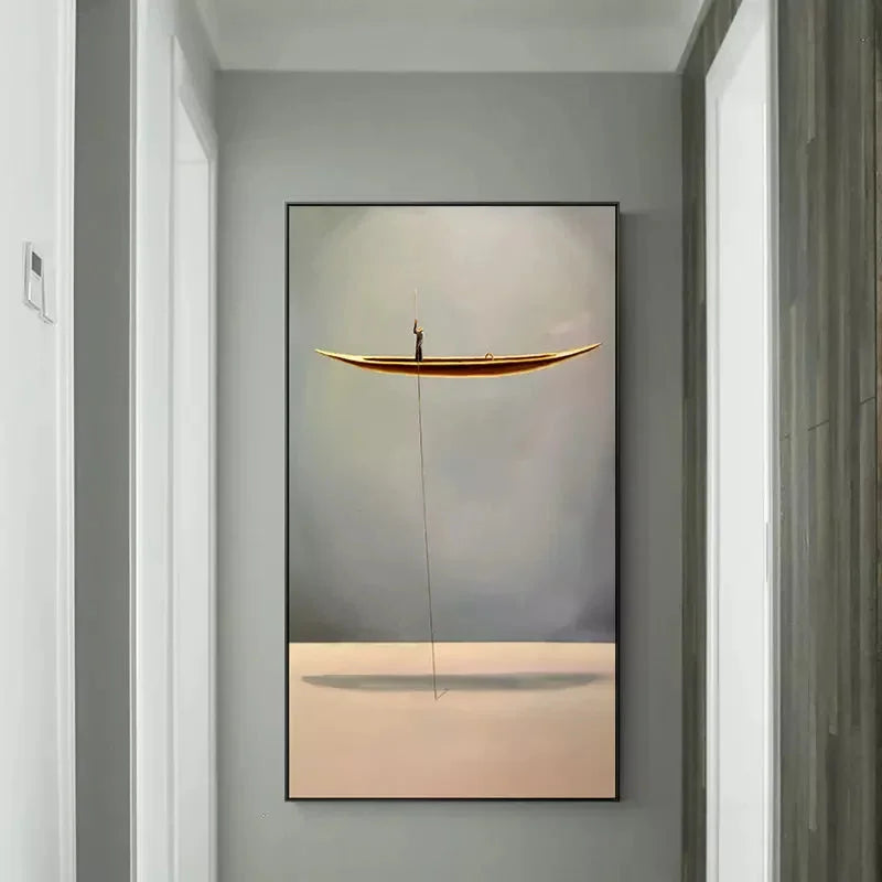 Multicolor Silent Voyage-Modern Minimalist Style Solitary Boat Abstract Wall Art - Artwallpainting