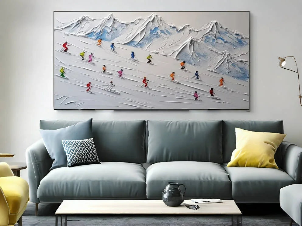 Multicolor Skier On Snowy Mountain Art-Indoor And Living Room Design With Three-Dimensional Ski Texture Oil Painting Wall Art - Artwallpainting