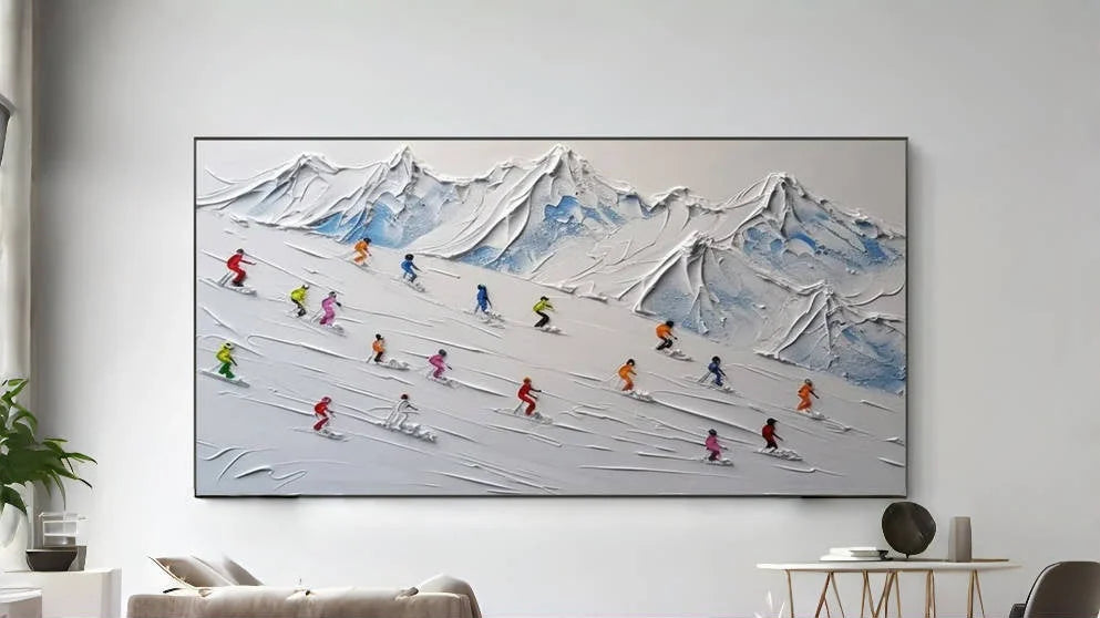 Multicolor Skier On Snowy Mountain Art-Indoor And Living Room Design With Three-Dimensional Ski Texture Oil Painting Wall Art - Artwallpainting