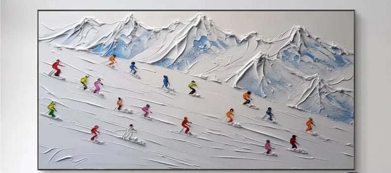 Multicolor Skier On Snowy Mountain Art-Indoor And Living Room Design With Three-Dimensional Ski Texture Oil Painting Wall Art - Artwallpainting