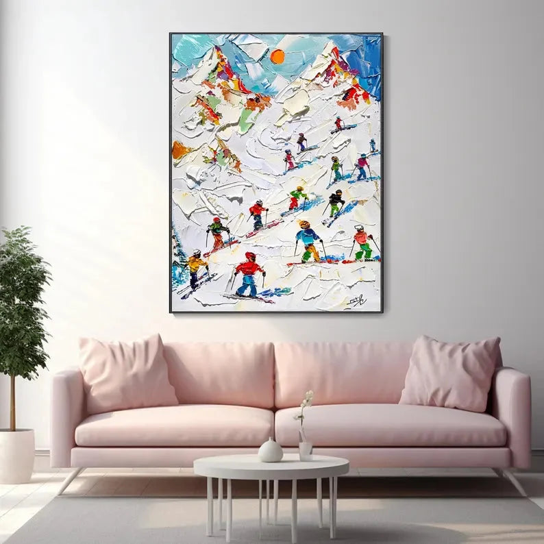 Multicolor Skiers On Snow-3D Skiing Sport Art Plaster Style Textured Wall Art - Artwallpainting