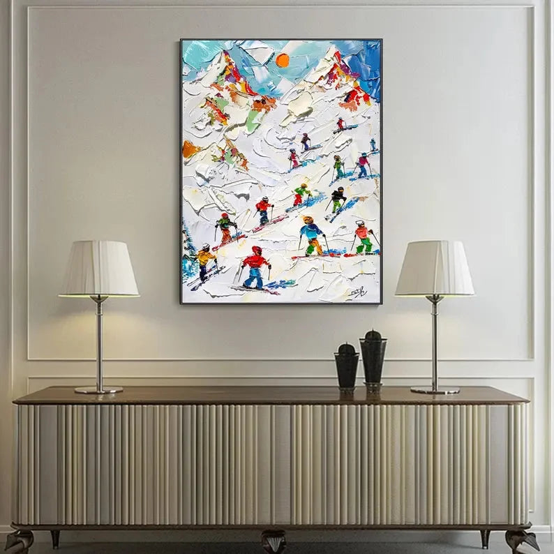 Multicolor Skiers On Snow-3D Skiing Sport Art Plaster Style Textured Wall Art - Artwallpainting