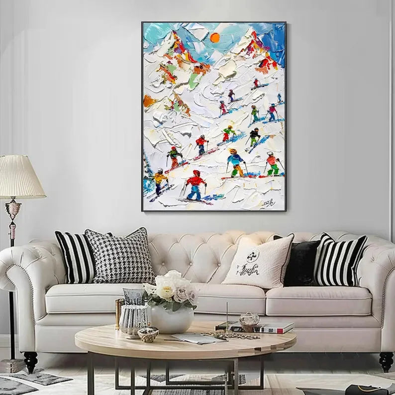 Multicolor Skiers On Snow-3D Skiing Sport Art Plaster Style Textured Wall Art - Artwallpainting