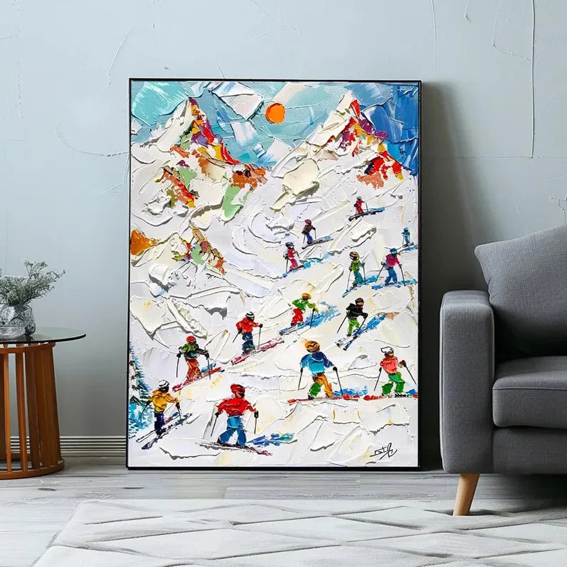 Multicolor Skiers On Snow-3D Skiing Sport Art Plaster Style Textured Wall Art - Artwallpainting