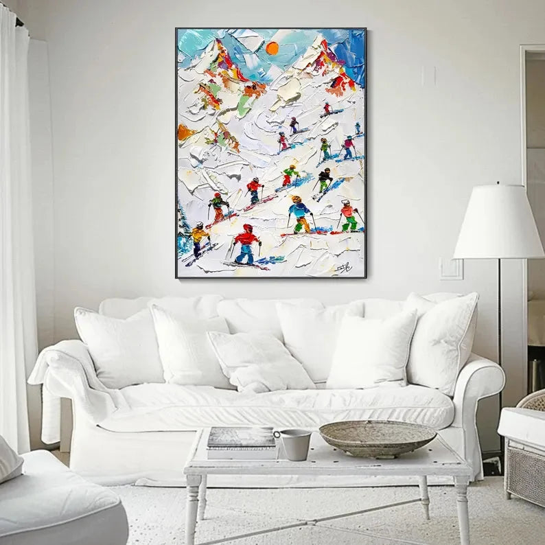 Multicolor Skiers On Snow-3D Skiing Sport Art Plaster Style Textured Wall Art - Artwallpainting