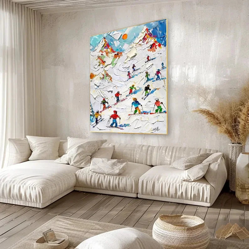 Multicolor Skiers On Snow-3D Skiing Sport Art Plaster Style Textured Wall Art - Artwallpainting
