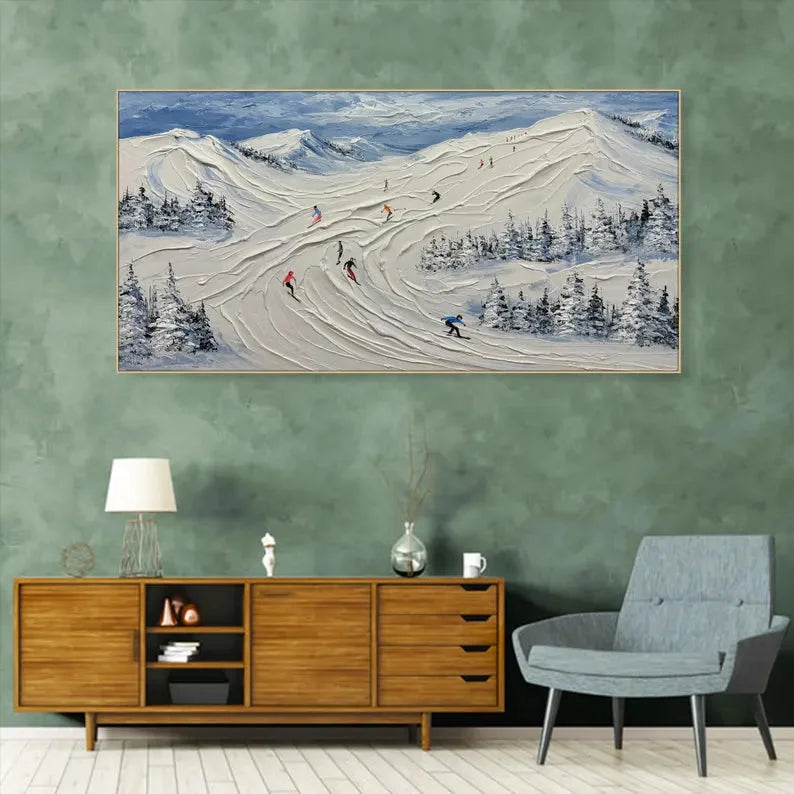 Multicolor Skiing Through Winter - Abstract Oil Painting Wall Art Themed Around Skiing In The Snow Mountains - Artwallpainting