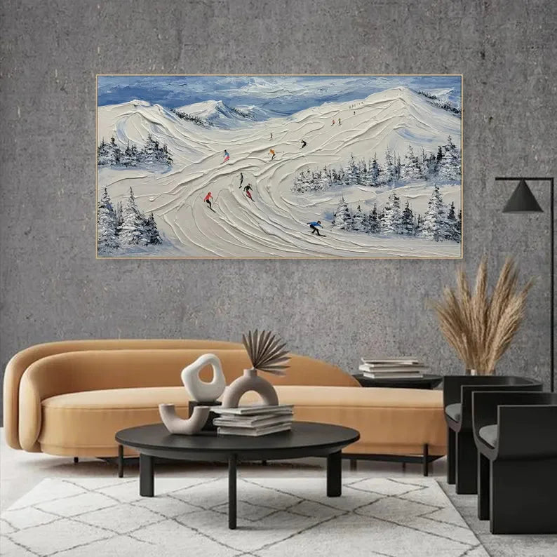 Multicolor Skiing Through Winter - Abstract Oil Painting Wall Art Themed Around Skiing In The Snow Mountains - Artwallpainting