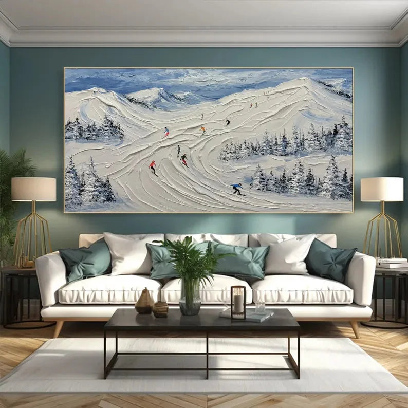 Multicolor Skiing Through Winter - Abstract Oil Painting Wall Art Themed Around Skiing In The Snow Mountains - Artwallpainting