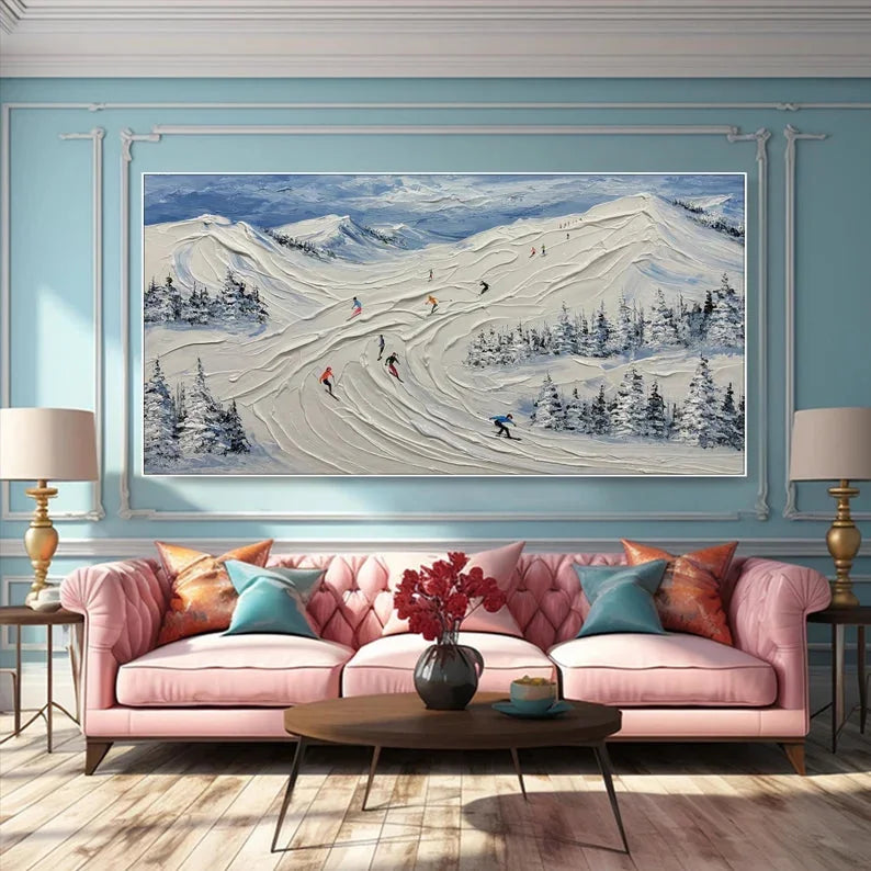Multicolor Skiing Through Winter - Abstract Oil Painting Wall Art Themed Around Skiing In The Snow Mountains - Artwallpainting