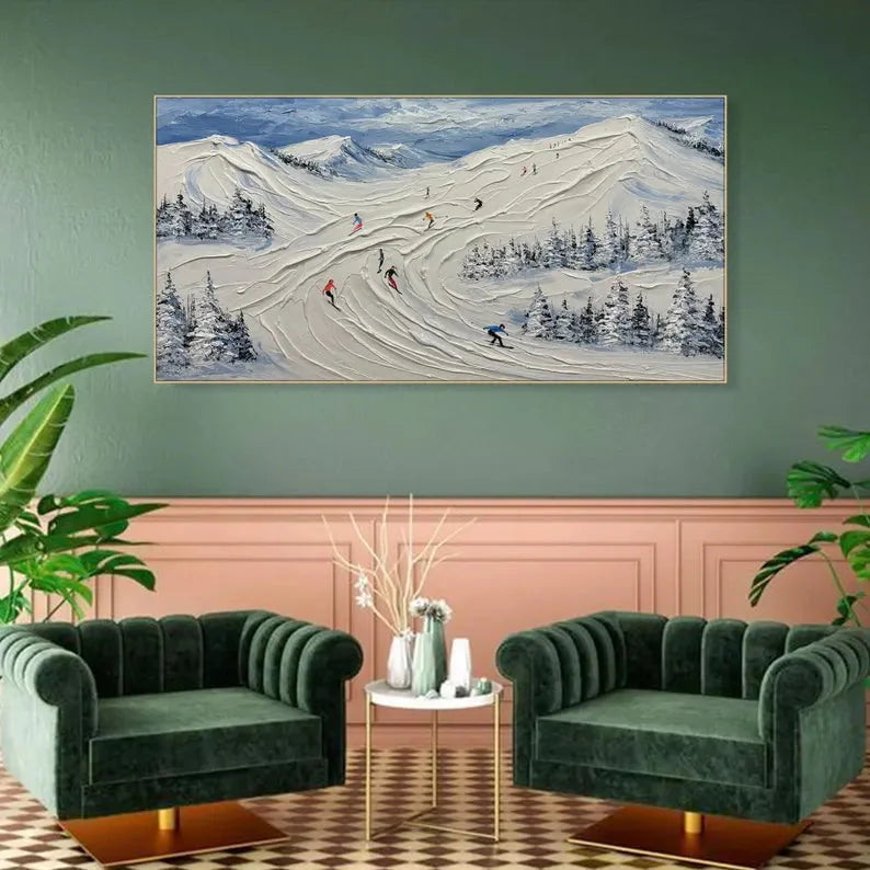 Multicolor Skiing Through Winter - Abstract Oil Painting Wall Art Themed Around Skiing In The Snow Mountains - Artwallpainting