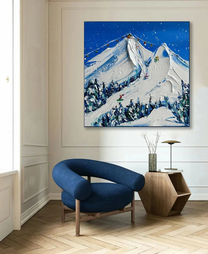Multicolor Snowy Mountain Ski Lift Scene - Winter Sports Textured Oil Painting - Artwallpainting