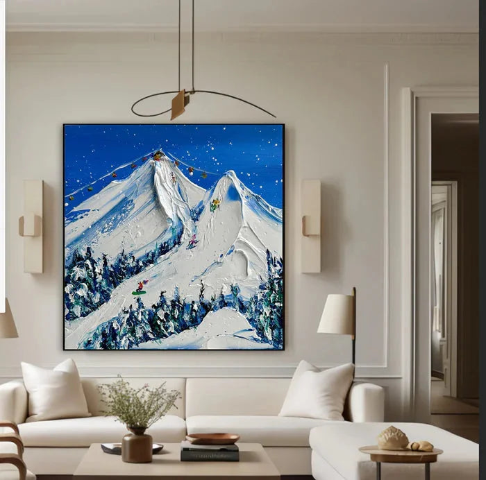 Multicolor Snowy Mountain Ski Lift Scene - Winter Sports Textured Oil Painting - Artwallpainting