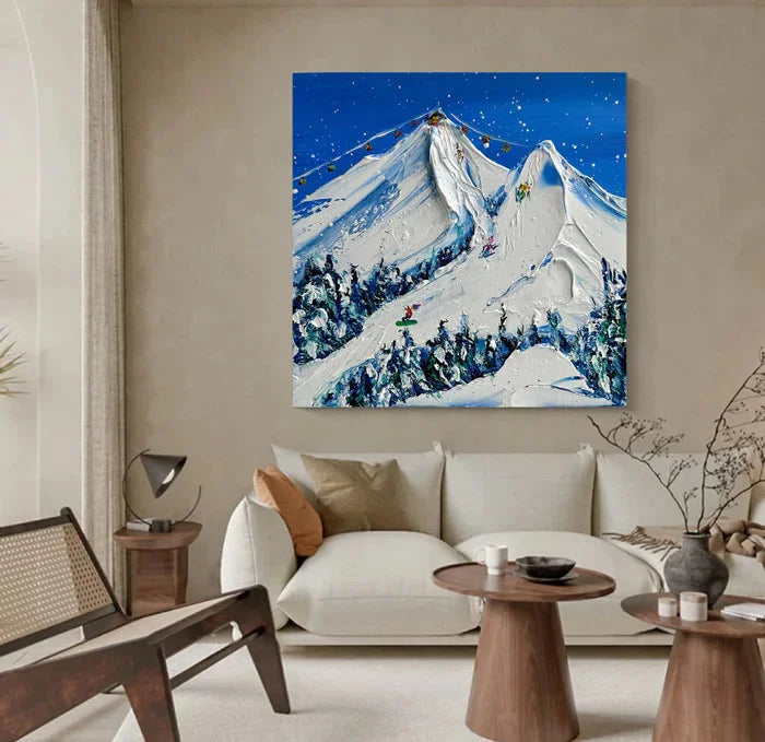 Multicolor Snowy Mountain Ski Lift Scene - Winter Sports Textured Oil Painting - Artwallpainting