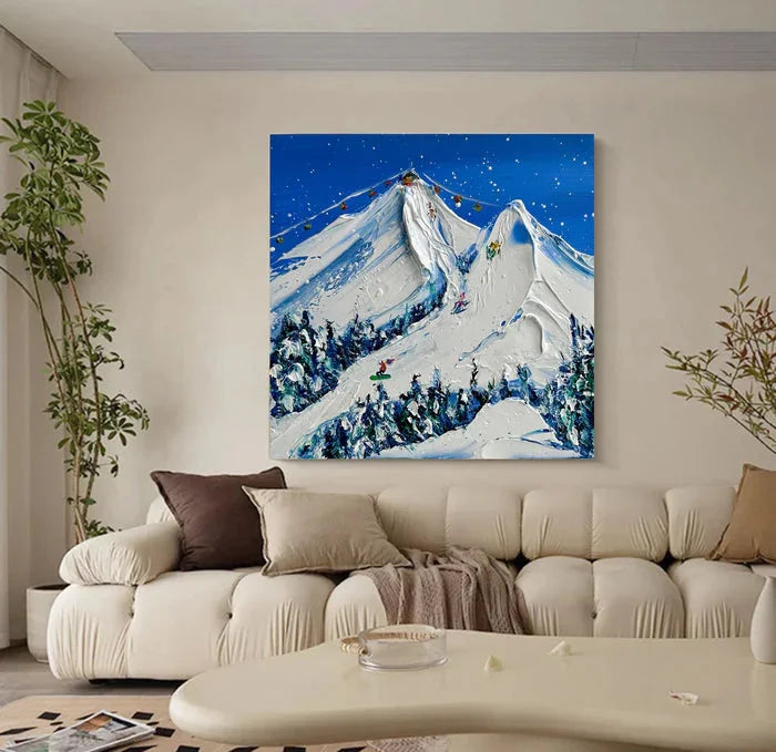 Multicolor Snowy Mountain Ski Lift Scene - Winter Sports Textured Oil Painting - Artwallpainting