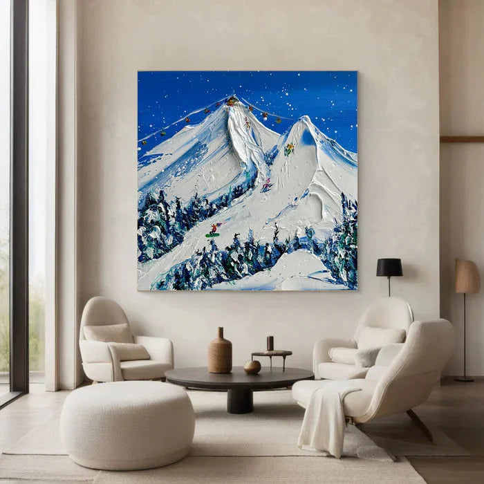 Multicolor Snowy Mountain Ski Lift Scene - Winter Sports Textured Oil Painting - Artwallpainting