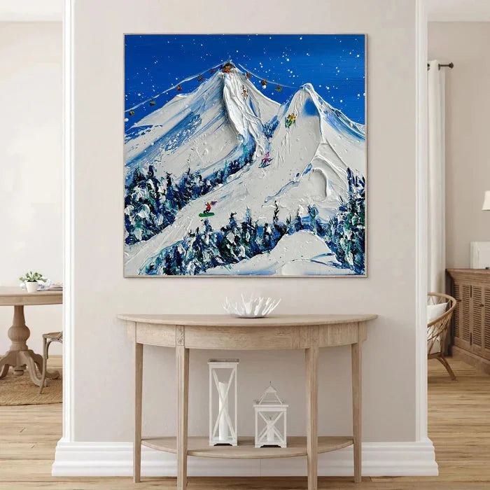 Multicolor Snowy Mountain Ski Lift Scene - Winter Sports Textured Oil Painting - Artwallpainting
