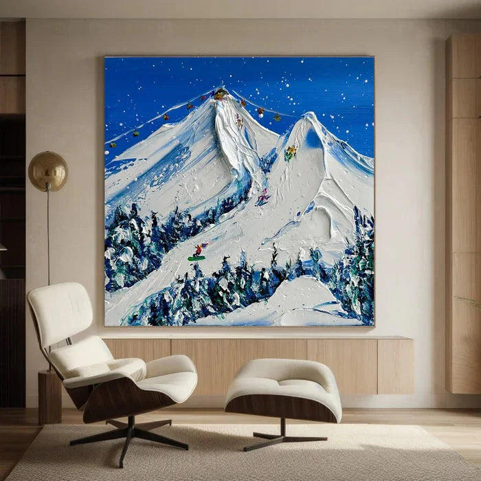 Multicolor Snowy Mountain Ski Lift Scene - Winter Sports Textured Oil Painting - Artwallpainting