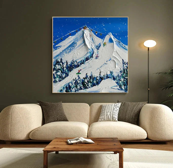 Multicolor Snowy Mountain Ski Lift Scene - Winter Sports Textured Oil Painting - Artwallpainting