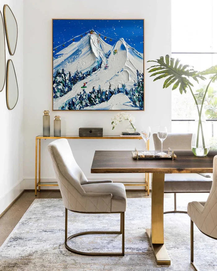 Multicolor Snowy Mountain Ski Lift Scene - Winter Sports Textured Oil Painting - Artwallpainting