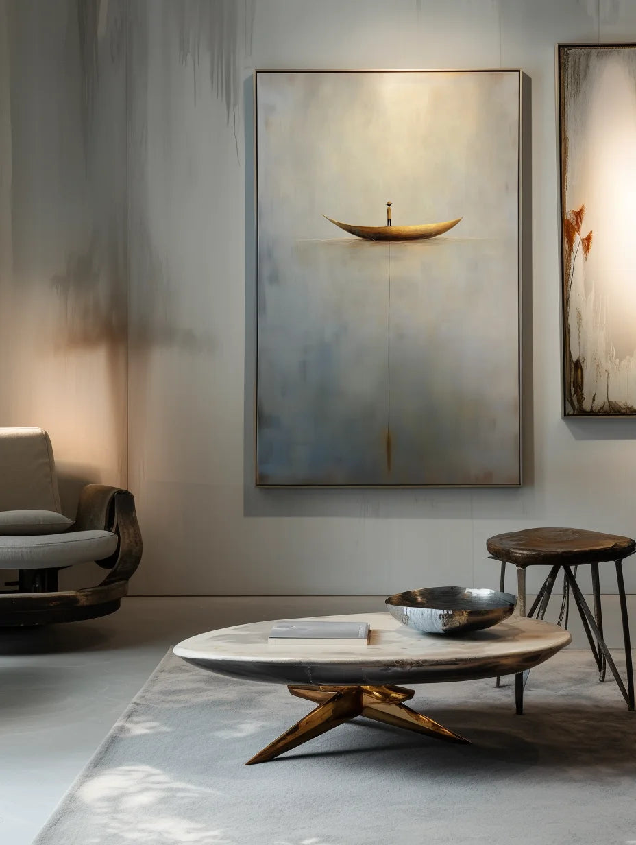 Multicolor Solitary Voyage-Minimalist Wabi-Sabi Boat Light And Shadow Oil Painting Wall Art - Artwallpainting