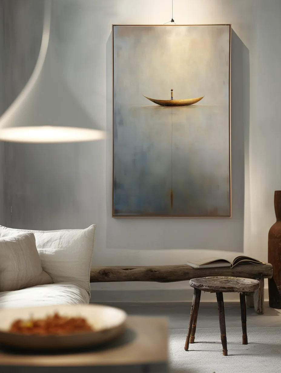 Multicolor Solitary Voyage-Minimalist Wabi-Sabi Boat Light And Shadow Oil Painting Wall Art - Artwallpainting
