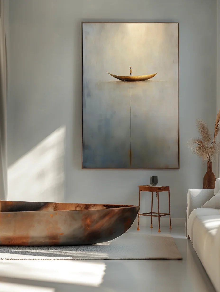 Multicolor Solitary Voyage-Minimalist Wabi-Sabi Boat Light And Shadow Oil Painting Wall Art - Artwallpainting