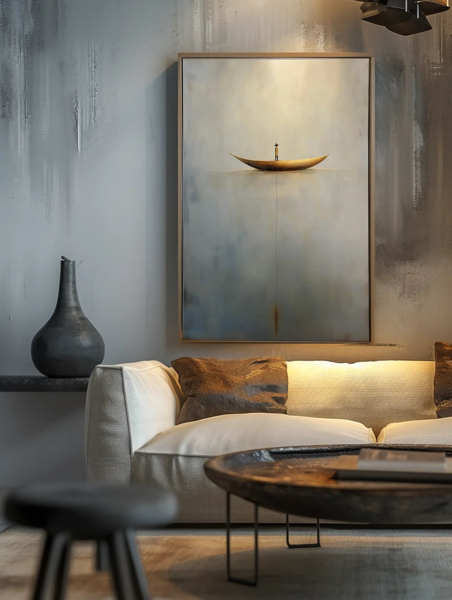 Multicolor Solitary Voyage-Minimalist Wabi-Sabi Boat Light And Shadow Oil Painting Wall Art - Artwallpainting