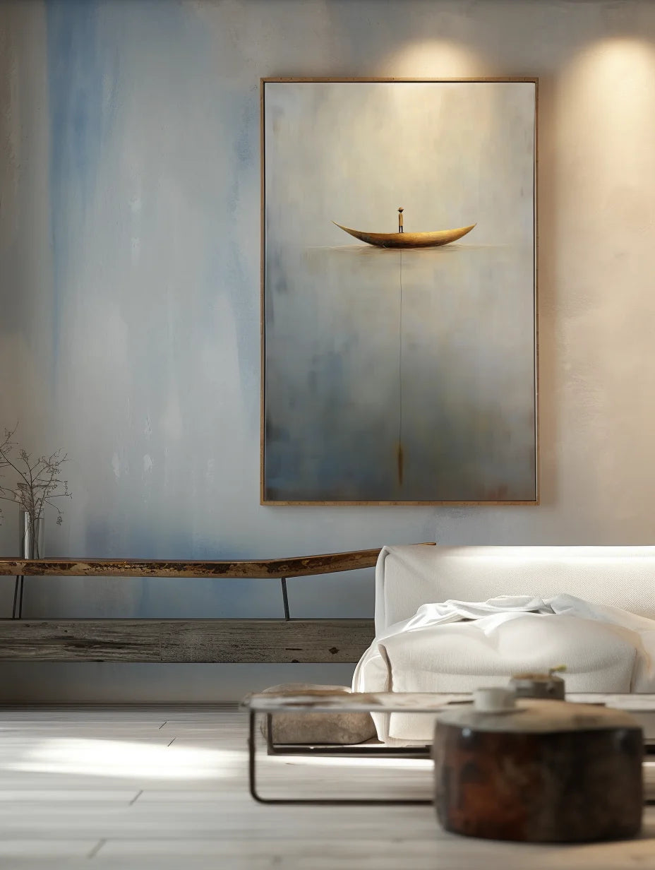Multicolor Solitary Voyage-Minimalist Wabi-Sabi Boat Light And Shadow Oil Painting Wall Art - Artwallpainting