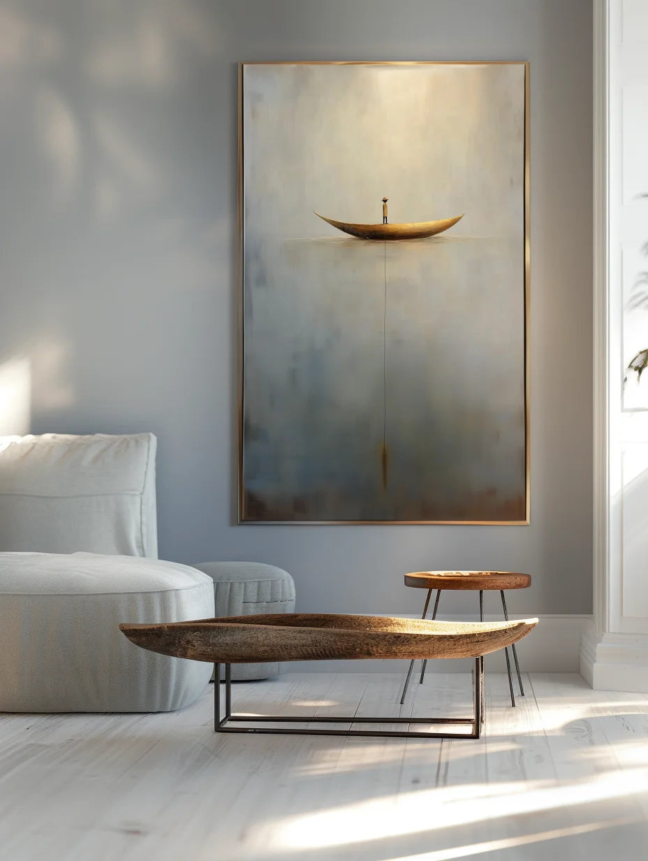 Multicolor Solitary Voyage-Minimalist Wabi-Sabi Boat Light And Shadow Oil Painting Wall Art - Artwallpainting