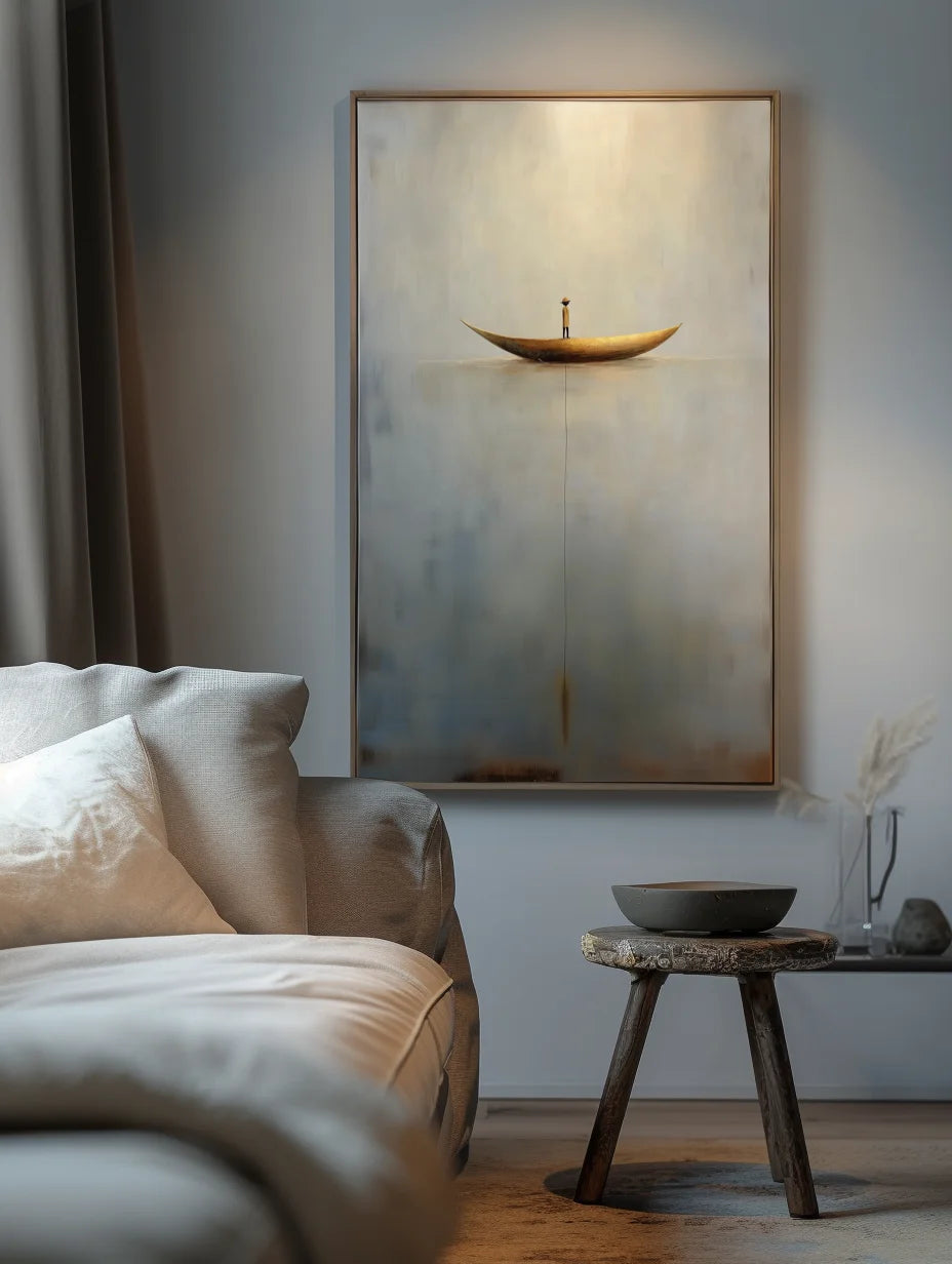 Multicolor Solitary Voyage-Minimalist Wabi-Sabi Boat Light And Shadow Oil Painting Wall Art - Artwallpainting