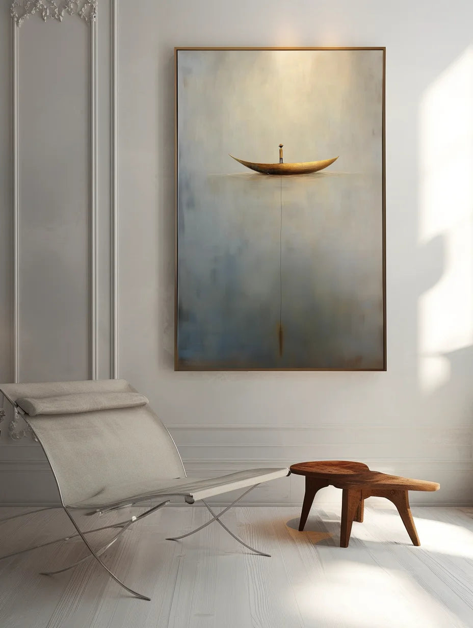 Multicolor Solitary Voyage-Minimalist Wabi-Sabi Boat Light And Shadow Oil Painting Wall Art - Artwallpainting