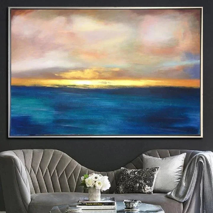 Multicolor Sunset Serenity-Hand-Painted Sea And Dusk Blend Abstract Oil Painting Wall Art - Artwallpainting